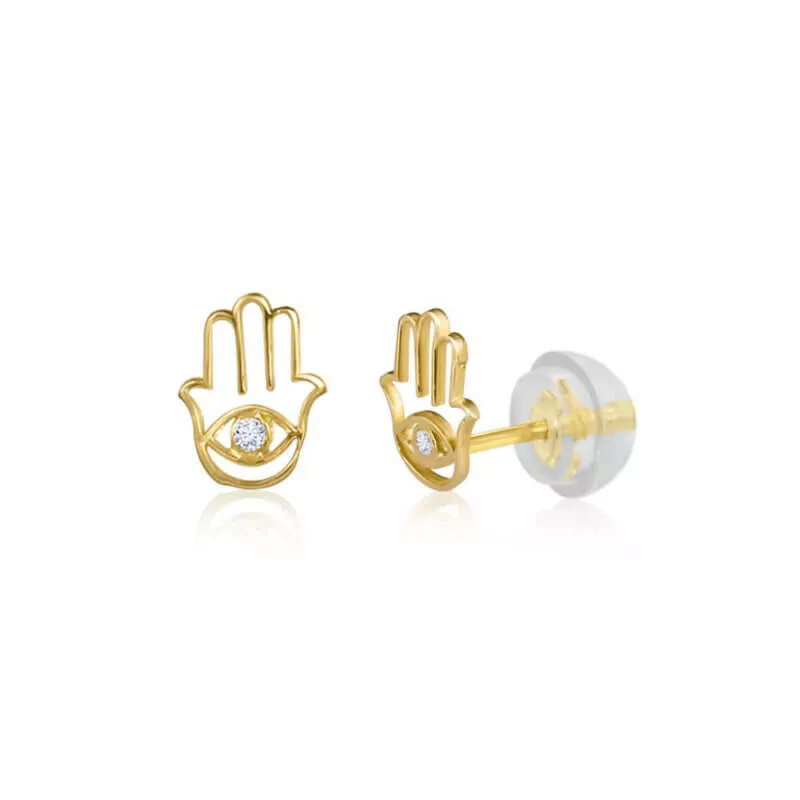 עגילי זהב צמודים  14K חמסה בשילוב עין